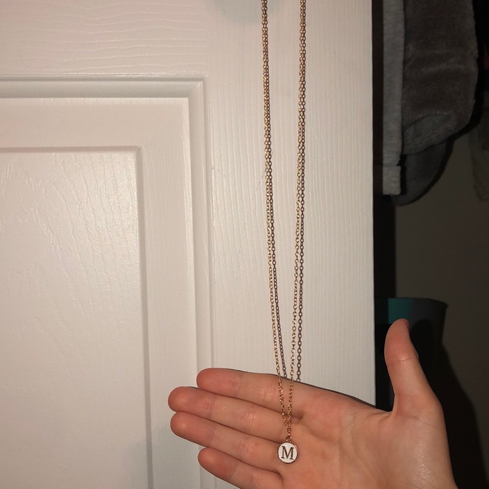 m initial necklace with white and gold plated